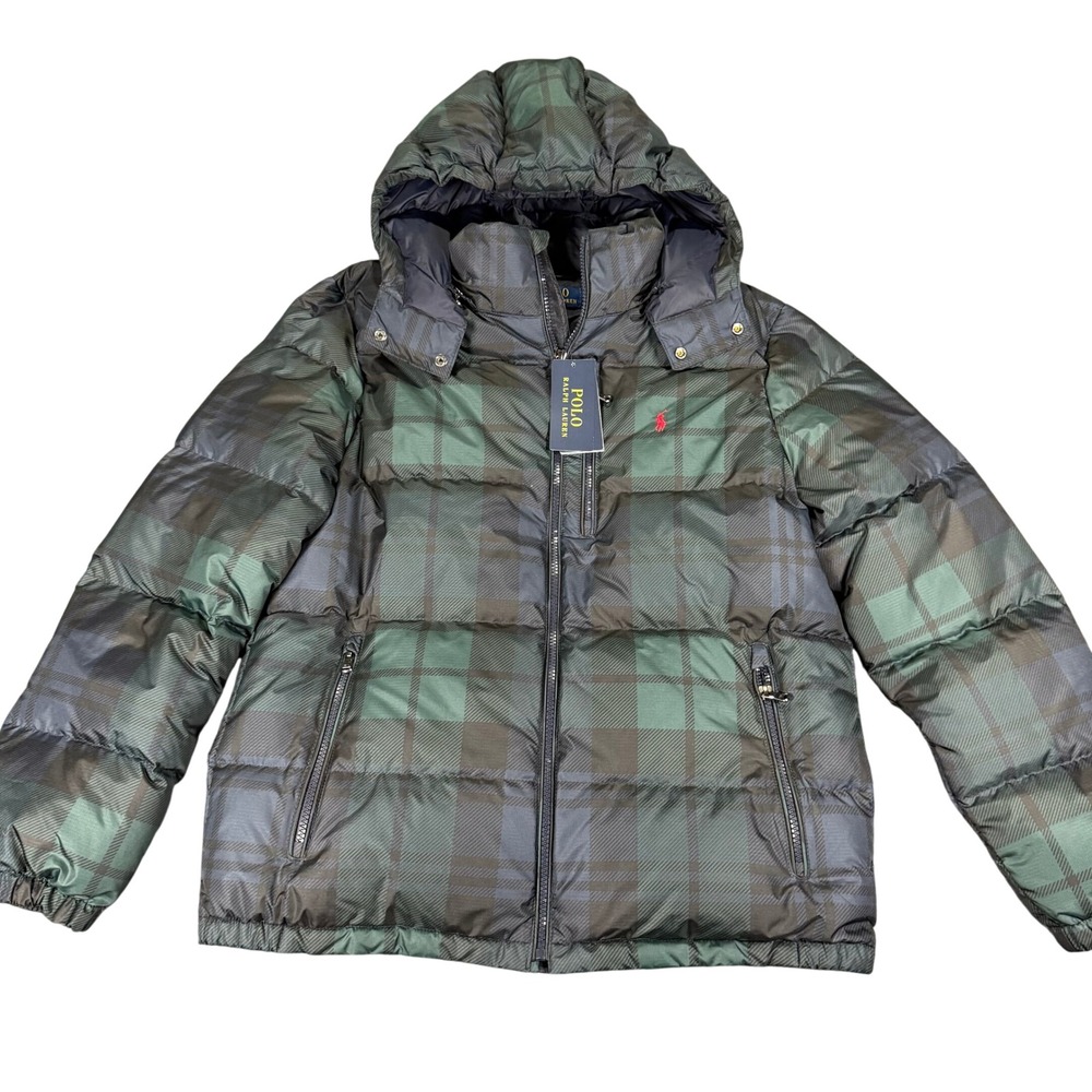 Polo Ralph Lauren Kids XL 18-20 Black Watch Plaid Hooded Puffer Jacket Green New